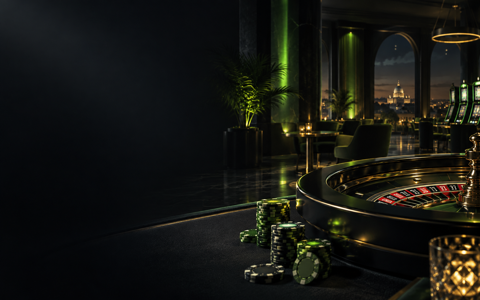 Elegante sala da casinò con roulette e dettagli verde lime